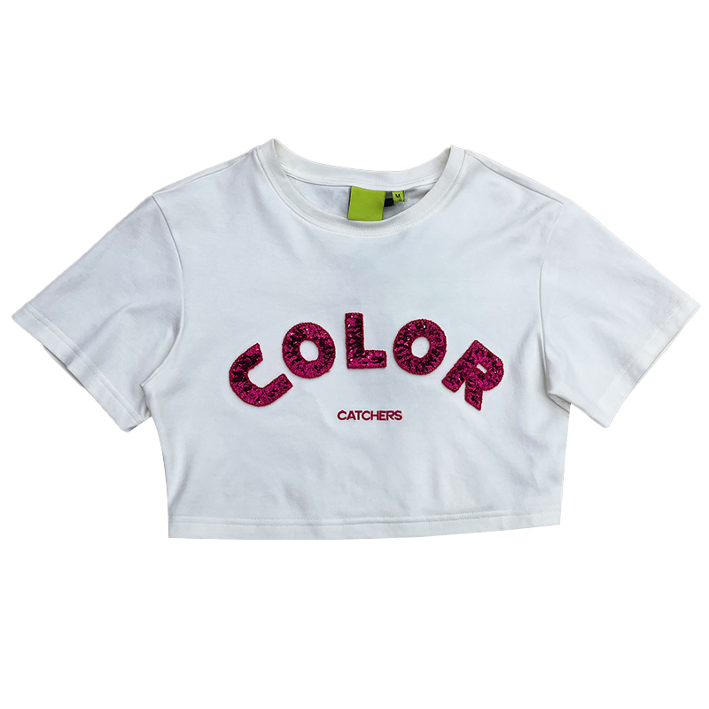 women’s t-shirts short sleeve with hongfeng’s custom sequin embroidery for stylish looks.